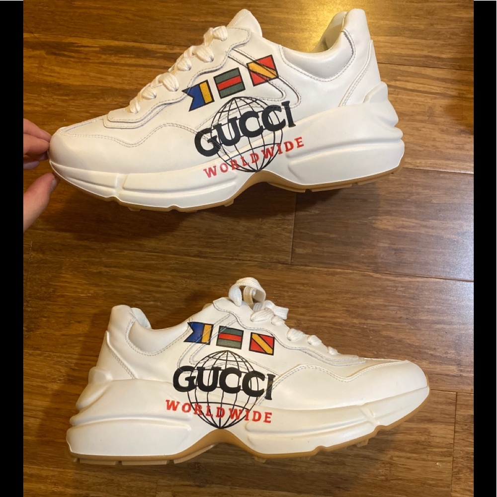 Gucci White Leather Sneakers with Multicolor Flag Accents